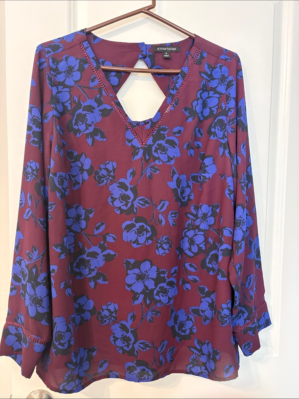 41 Hawthorn Burgundy Blouse with Blue Floral Pattern and Keyhole back